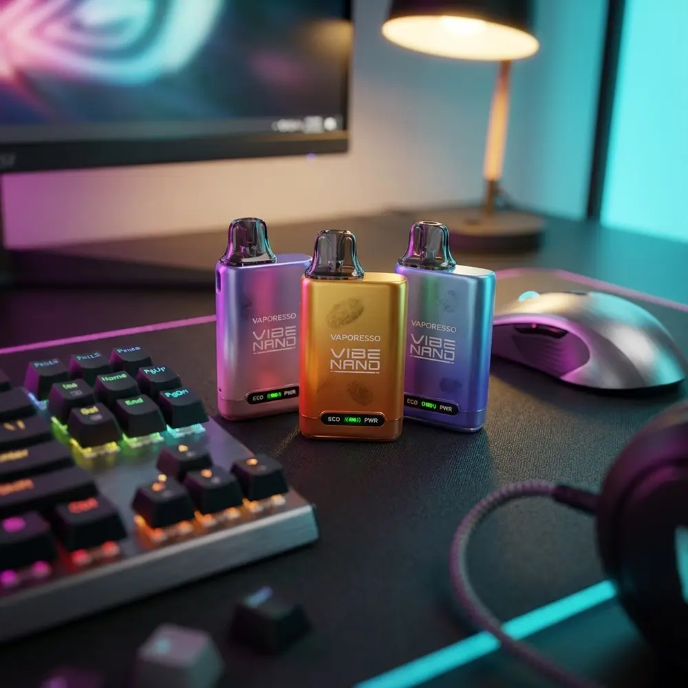 Vaporesso Vibe Nano preto em escritorio gamer com teclado RGB desfocado, superfices metalicas e luzes neon - Vapor Gringo