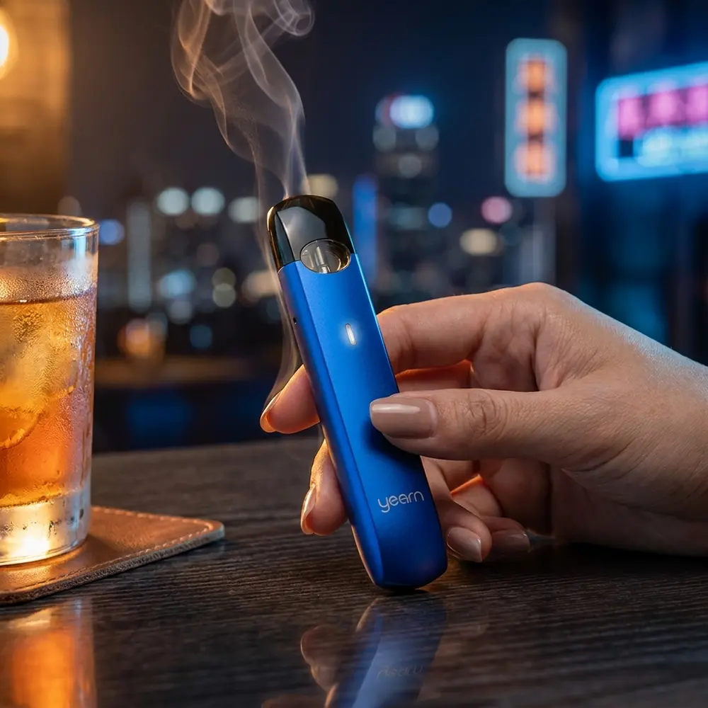 Kit Pod Yearn Uwell sobre balcão de lounge com copo desfocado e luzes urbanas ao fundo - Vapor Gringo