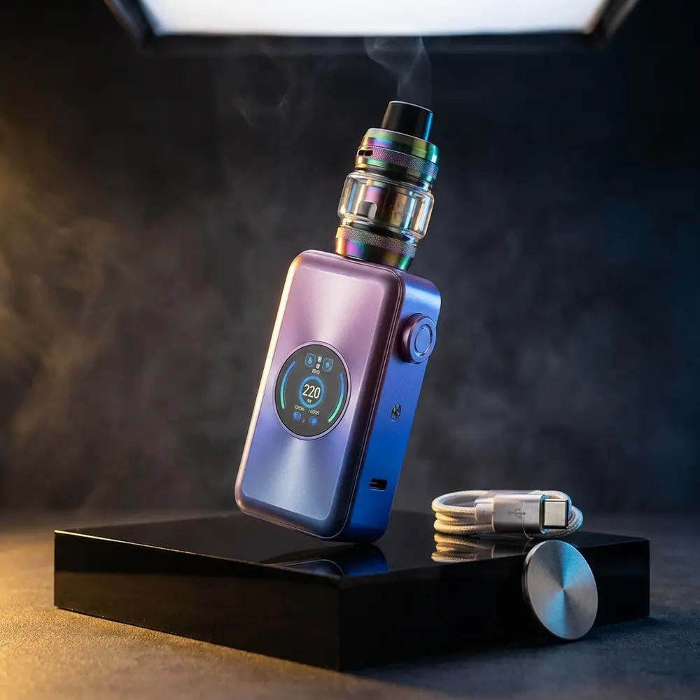 Vaporesso Gen Max sobre base acrílica preta, iluminação azul e dourada e reflexos nítidos - Vapor Gringo