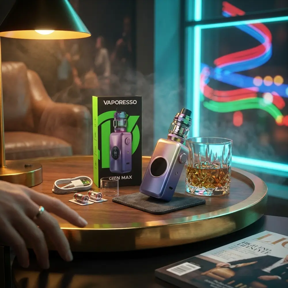 Vaporesso Gen Max apoiado em mesa de lounge com copo e luzes neon ao fundo, ambiente urbano sofisticado - Vapor Gringo
