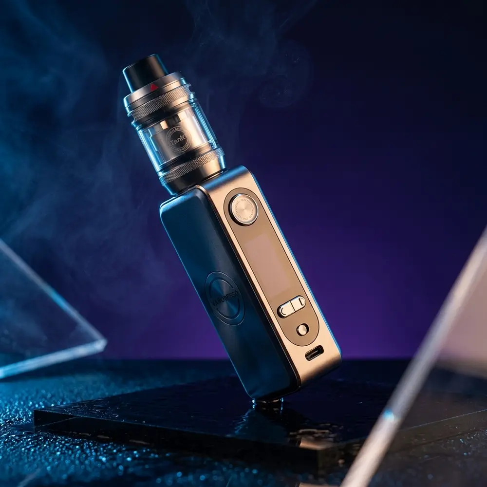 Kit Vape GEN SE Vaporesso sobre acrilico preto com reflexos metalicos e luzes azul e roxa - Vapor Gringo