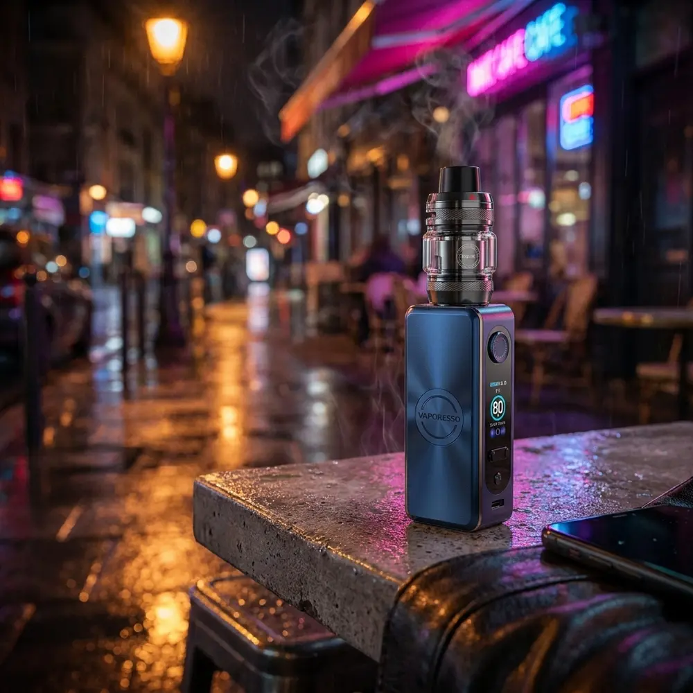Kit Vape GEN SE Vaporesso apoiado em mesa de concreto molhada com reflexos neon urbanos - Vapor Gringo