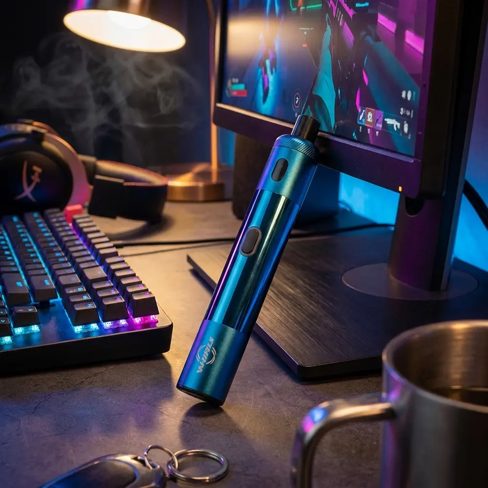 Kit Pod Mod Whirl S da Uwell num setup gamer RGB, ao lado de teclado iluminado e headset premium - Vapor Gringo