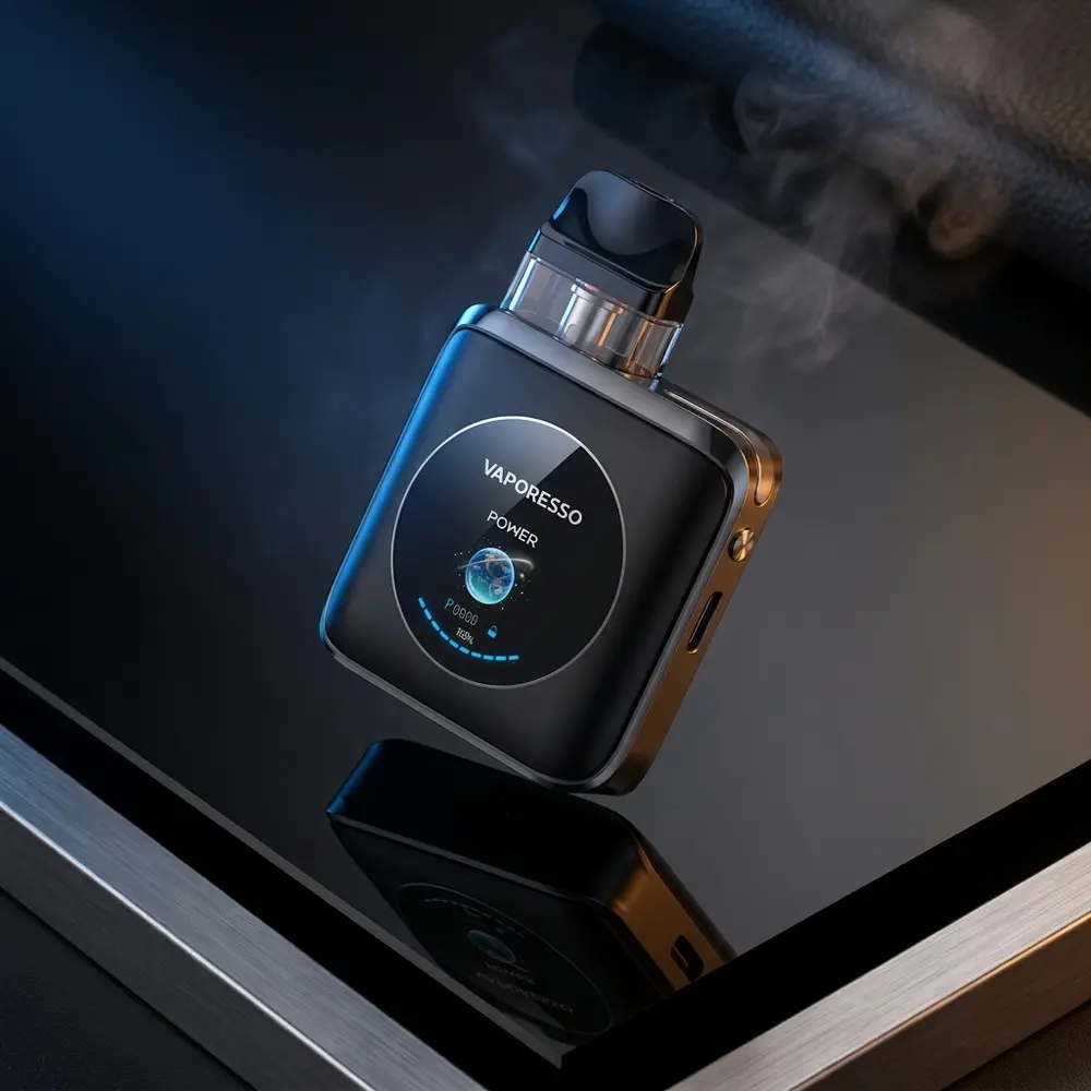Kit Pod XROS 4 Nano em estúdio escuro, dispositivo fiel ao original sobre acrílico brilhante com luzes dramáticas - Vapor Gringo