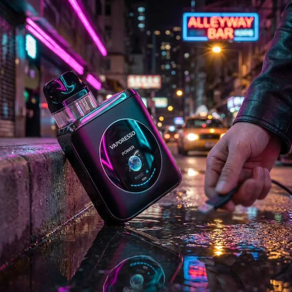 Kit Pod XROS 4 Nano apoiado em beiral molhado na rua, reflexos neon magenta e cyan e bokeh urbano ao fundo - Vapor Gringo