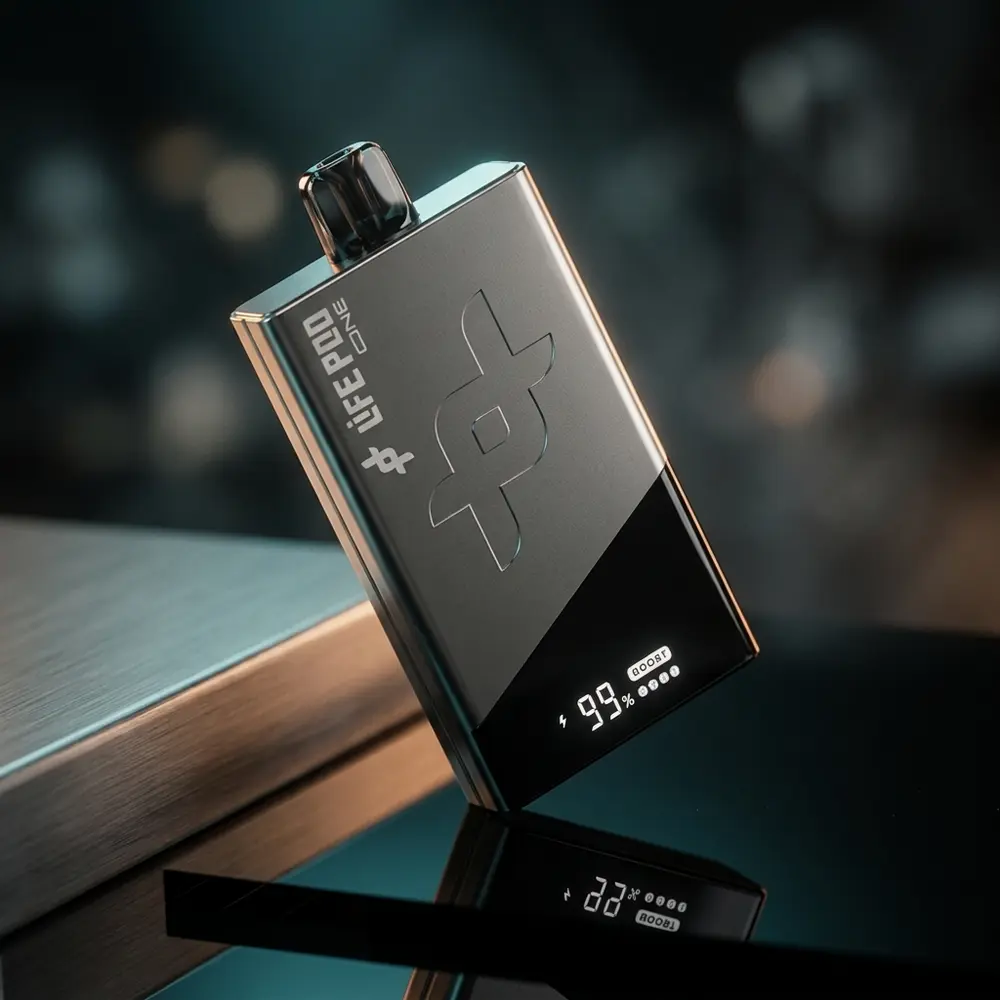 Pod Descartável Life Pod The One Titanium sobre acrílico escuro com luzes frias e reflexos metálicos - Vapor Gringo
