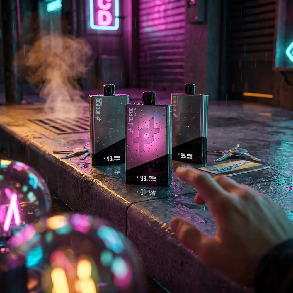Life Pod The One Titanium apoiado em beiral molhado de rua noturna com reflexos neon e detalhes urbanos ao fundo - Vapor Gringo