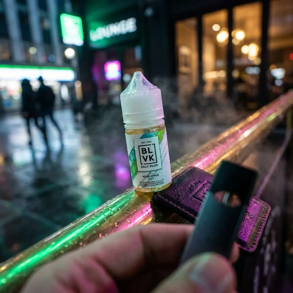 Frasco BLVK Salt Plus Sour Apple Ice no balcão urbano neon, luzes verdes e magenta com fundo desfocado - Vapor Gringo