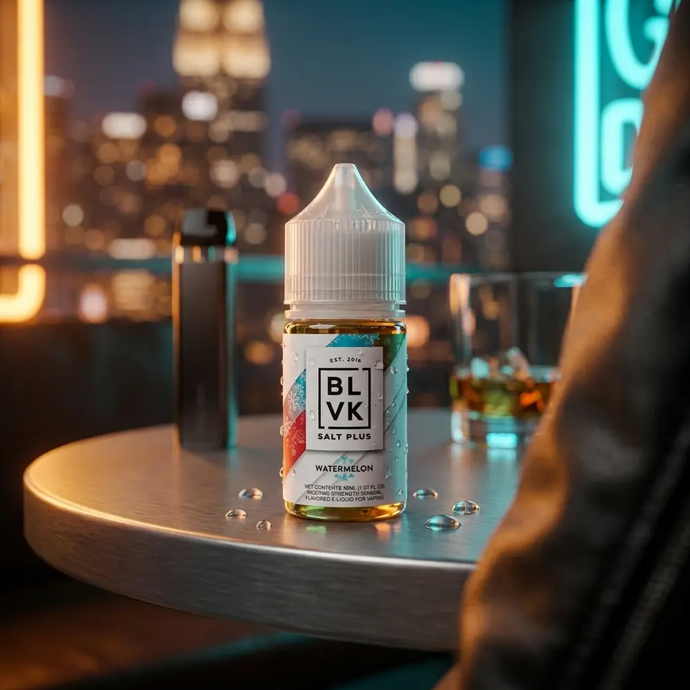 Garrafa BLVK Salt Plus Watermelon Ice em mesa metalica úmida num bar noturno com luzes da cidade ao fundo - Vapor Gringo