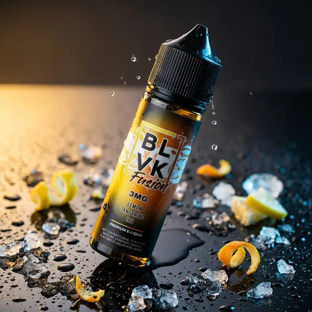 Garrafa de liquido Blvk Unicorn Lemon Tangerine Ice sobre placa acrilica molhada com reflexos amarelos e azuis - Vapor Gringo