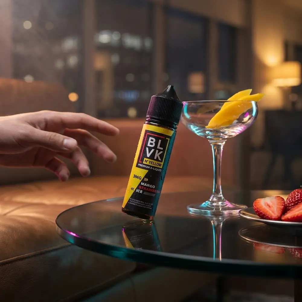 Garrafa Líquido Blvk Unicorn Mango Strawberry Ice Yellow em mesa de lounge com coquetel, luzes urbanas e fumaça sutil - Vapor Gringo