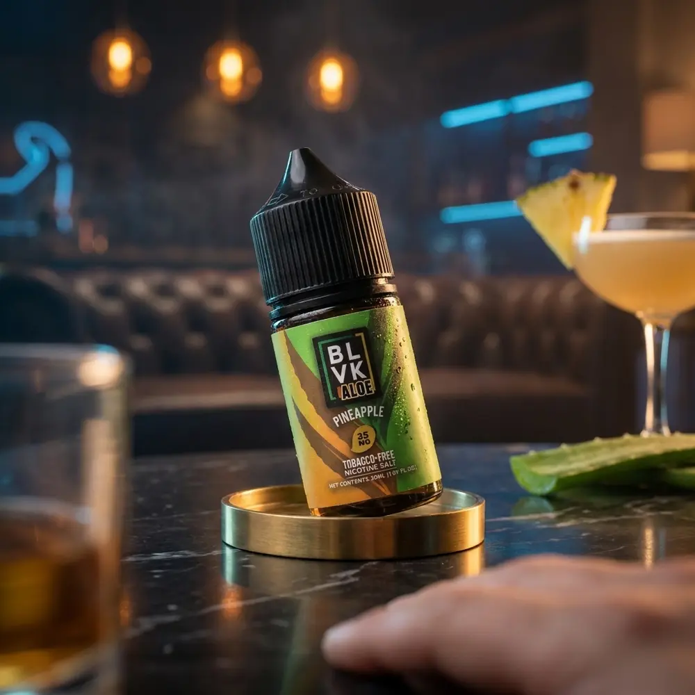 Frasco Blvk Unicorn Salt Aloe Pineapple 30ml sobre mesa de lounge com coquetel de abacaxi e luzes quentes - Vapor Gringo