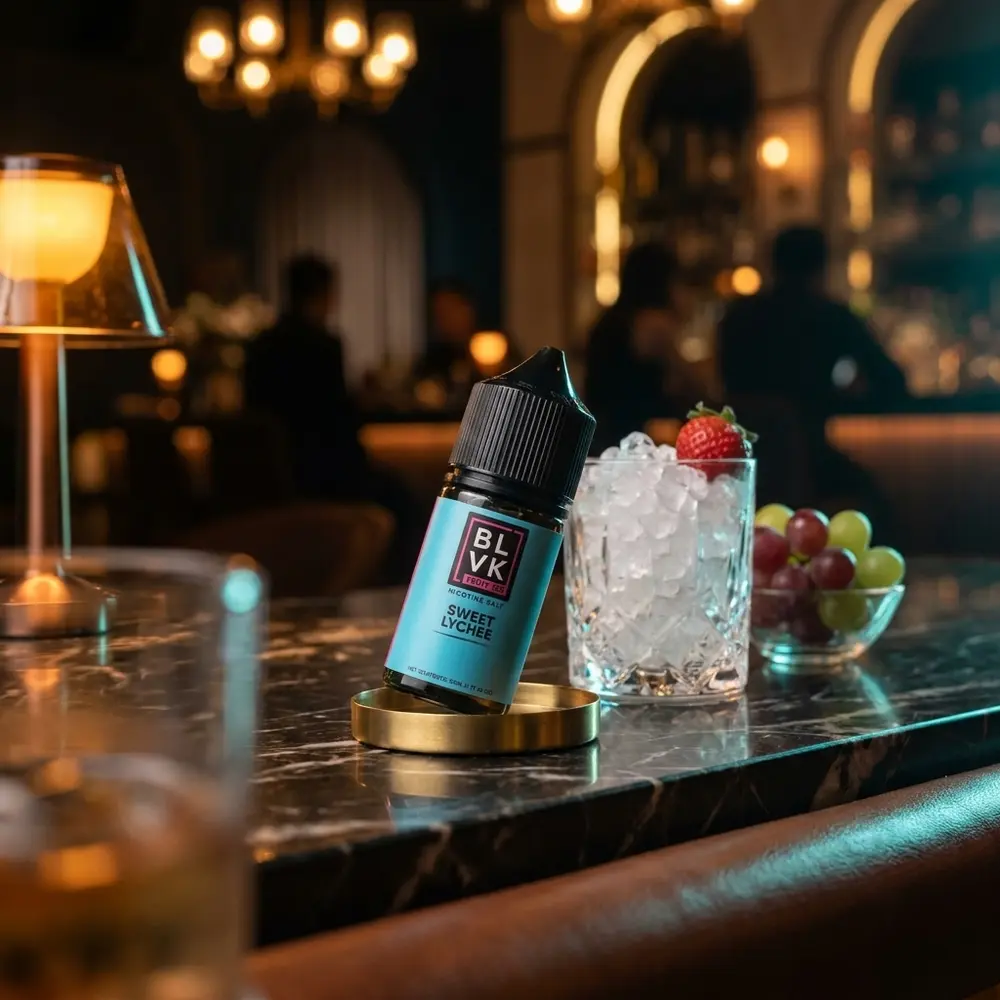 Frasco Líquido BLVK Unicorn Salt Strawberry Grape sobre balcão de lounge luxuoso, frutas e luzes quentes ao fundo - Vapor Gringo