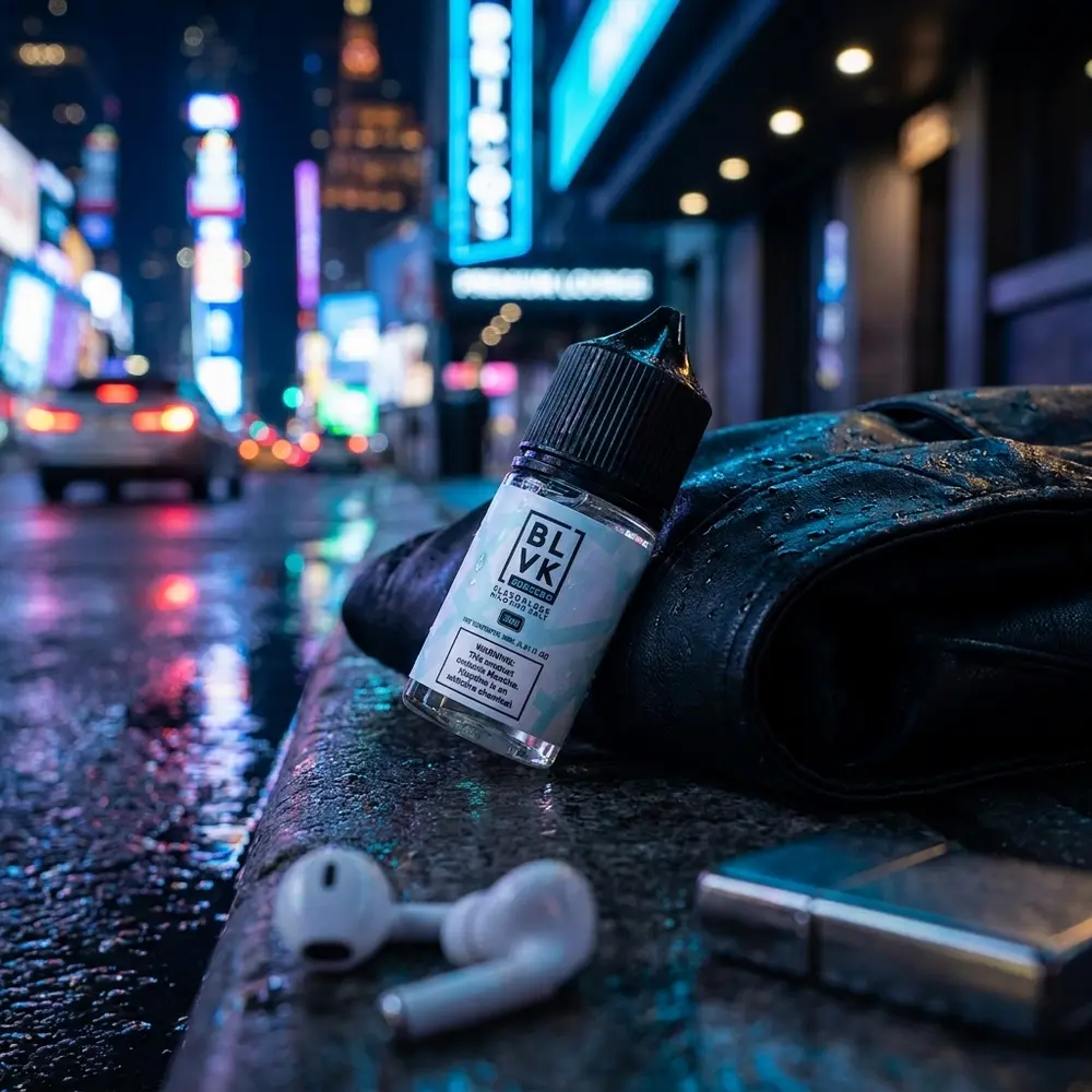 Frasco BLVK Unicorn Salt SubZero sem sabor em cena noturna neon urbana, garrafa com gotas na calçada molhada. - Vapor Gringo