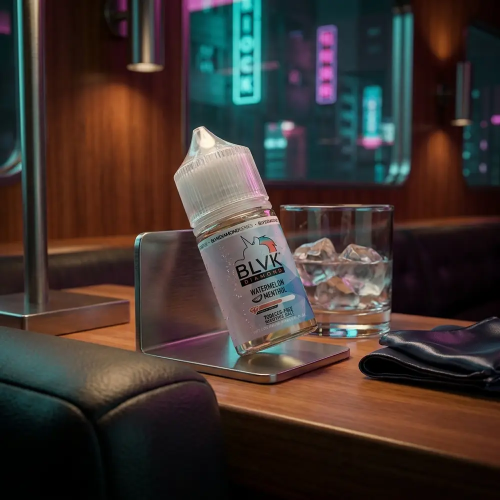 Frasco do líquido Blvk Unicorn Salt Watermelon Menthol em lounge urbano noturno com luzes neon e objetos de luxo ao redor - Vapor Gringo