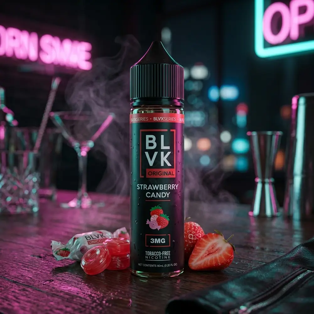 Garrafa Blvk Unicorn Strawberry Candy num balcão noturno com luzes neon, morangos e reflexos molhados - Vapor Gringo