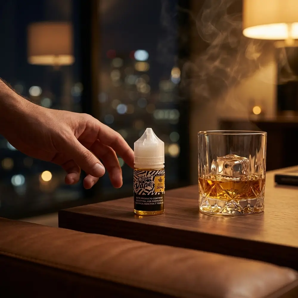 Garrafa Born to Vape Salt Golden Tobacco sobre mesa de lounge com copo de whisky e luzes urbanas ao fundo - Vapor Gringo