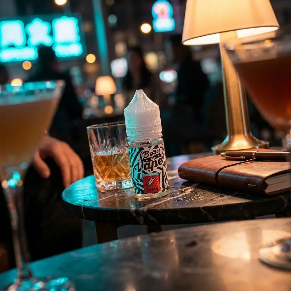Líquido Born to Vape Salt - Skittles sobre mesa de lounge com copo, luzes quentes e neon ao fundo - Vapor Gringo