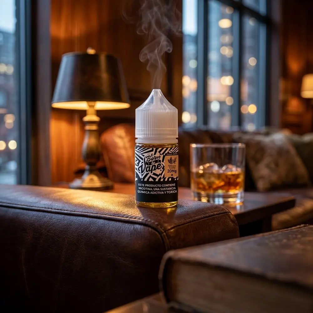 Frasco Born to Vape Salt Tobacco Vanilla sobre poltrona de couro em lounge luxuoso, copo de whisky desfocado ao fundo - Vapor Gringo