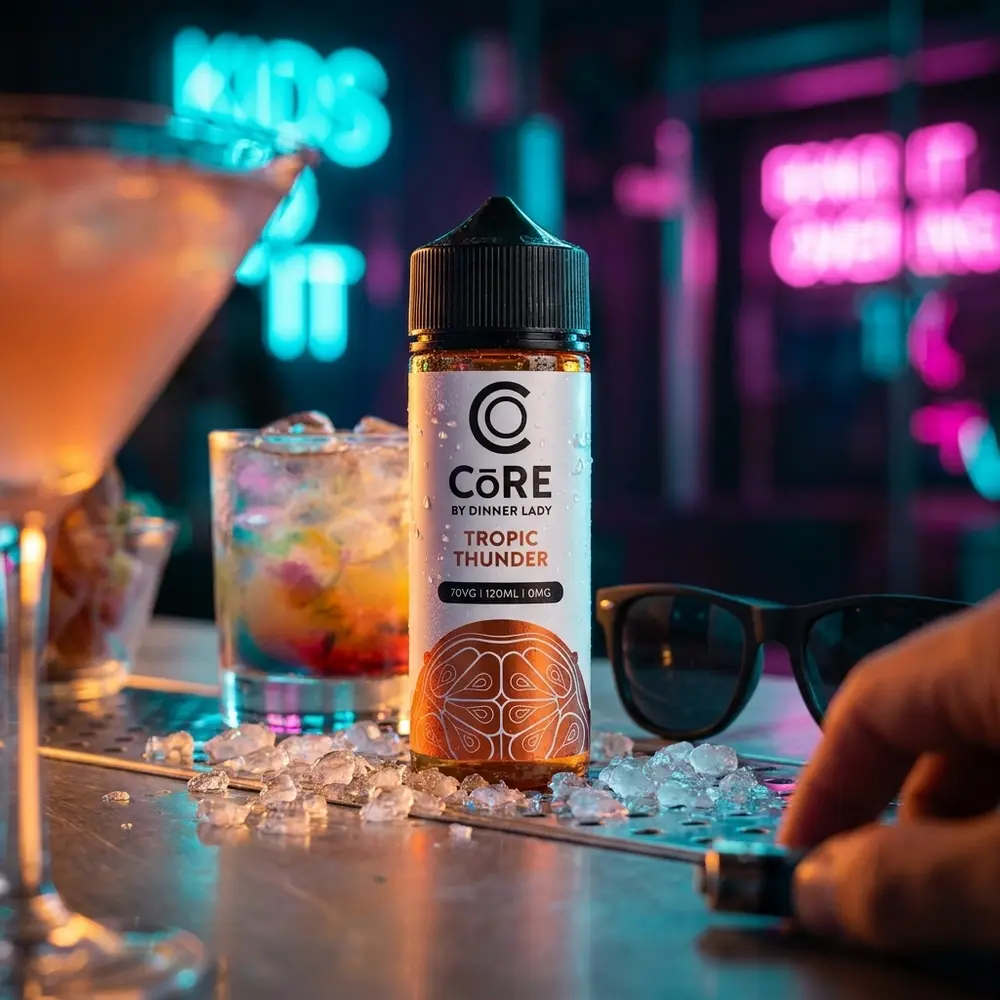 Garrafa Líquido Core Tropic Thunder 120ml no balcão de um bar noturno de luxo com luzes neon e gelo - Vapor Gringo