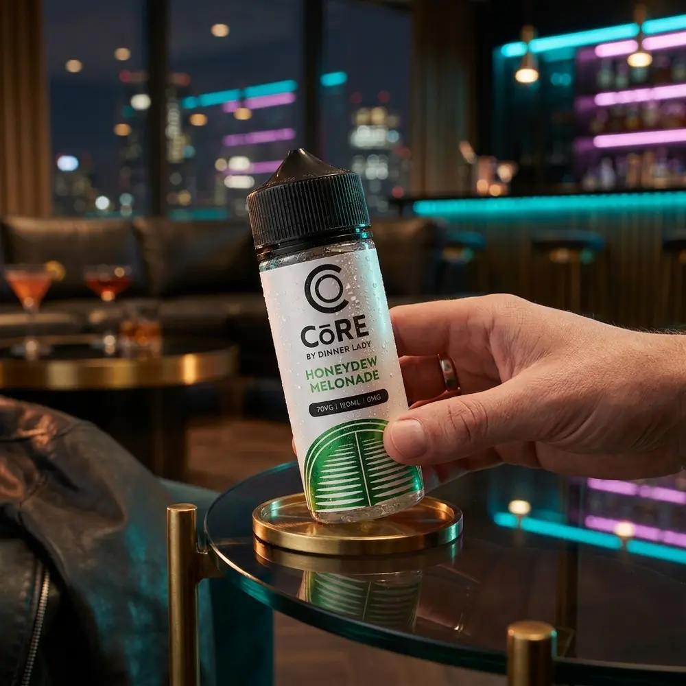 Líquido Core Honeydew Melonade 120ml em mesa de lounge elegante, reflexos neon e mão segurando a garrafa - Vapor Gringo