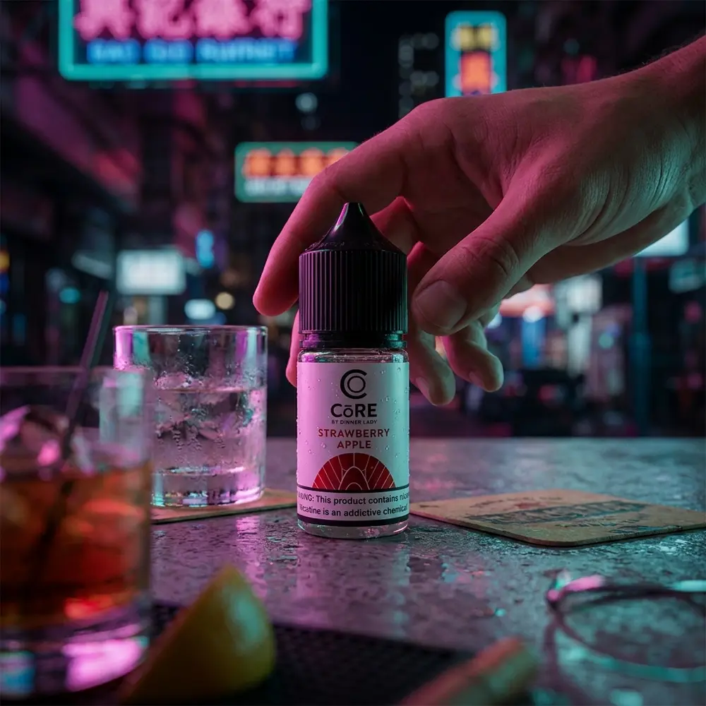 Frasco 30ml Líquido Core Strawberry Apple sobre balcão molhado com luzes neon e elementos de bar noturno - Vapor Gringo