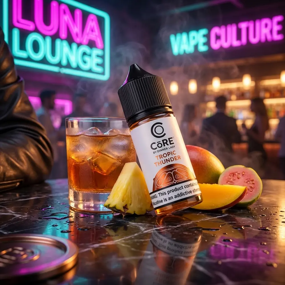 garrafa de liquido core tropic thunder num lounge urbano neon, apoiada em balcao molhado ao lado de frutas tropicais - Vapor Gringo