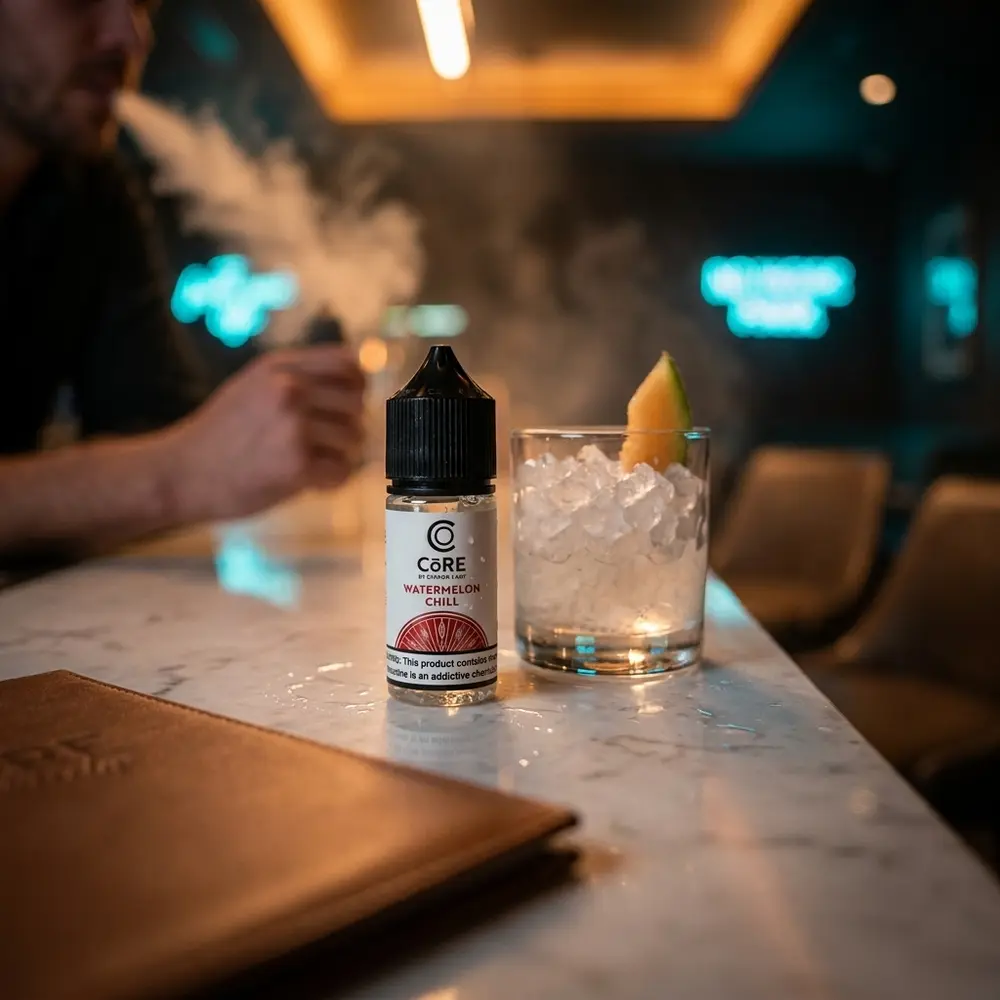 Garrafa do Líquido Core Watermelon Chill sobre balcão de mármore em lounge urbano, com copo de gelo e luzes neon ao fundo - Vapor Gringo