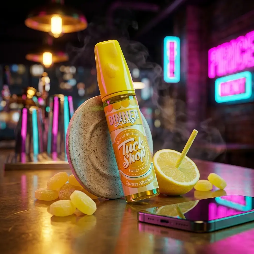 Frasco Dinner Lady Lemon Sherbets em balcão urbano com luzes neon, meio limão, doces e reflexos metálicos - Vapor Gringo