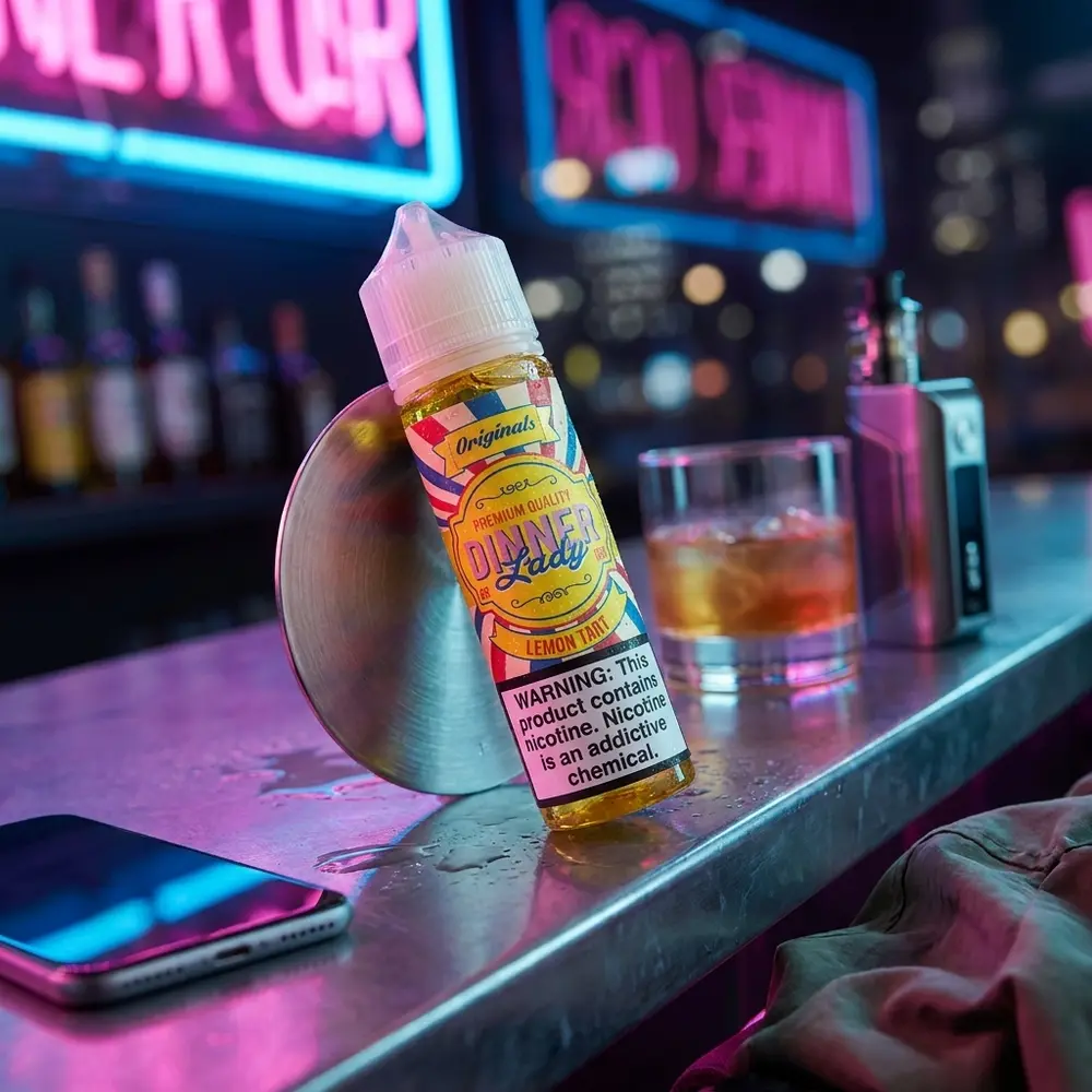 Frasco de Líquido Dinner Lady Lemon Tart 60ml em balcão urbano com neon rosa e azul, gotas e pedaço de torta - Vapor Gringo