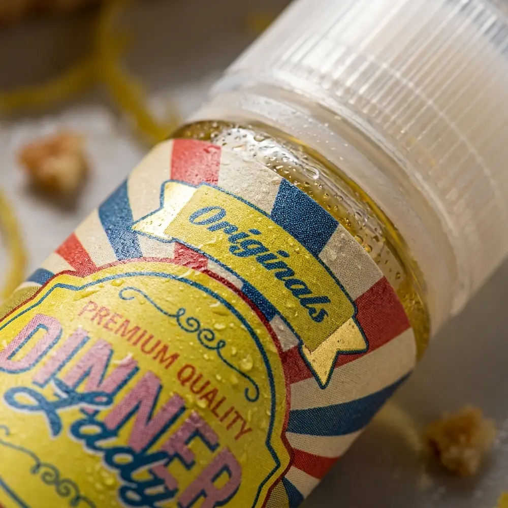 Detalhe do rótulo e bico do Líquido Dinner Lady Lemon Tart 60ml com gotas de condensação e reflexos do vidro - Vapor Gringo