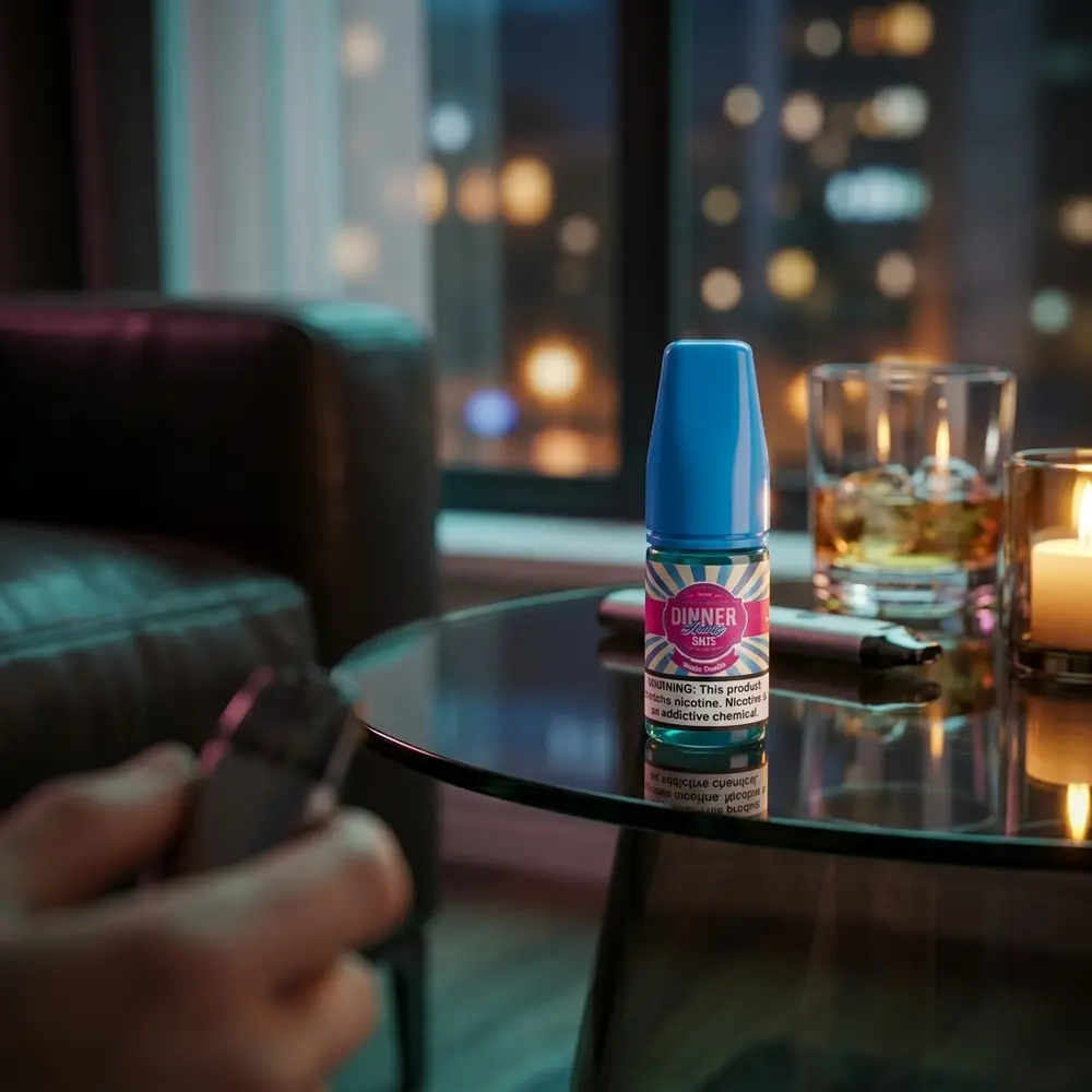 Garrafa 30ml Dinner Lady Salt Bubble Trouble em lounge urbano, mesa de vidro com luzes de cidade ao fundo - Vapor Gringo