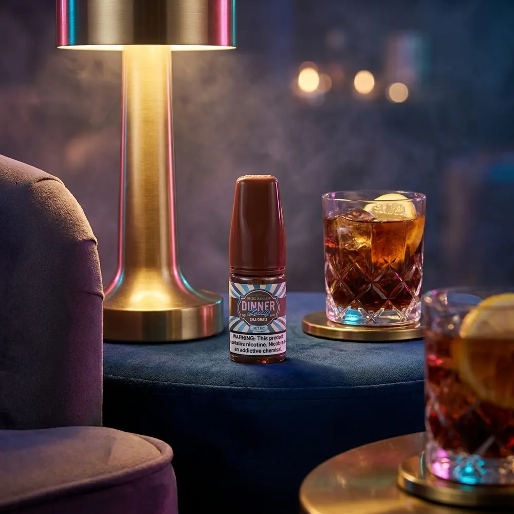 Líquido Dinner Lady Salt Cola Shades na mesa de um lounge de luxo com luzes neon e fatia de limão ao lado - Vapor Gringo