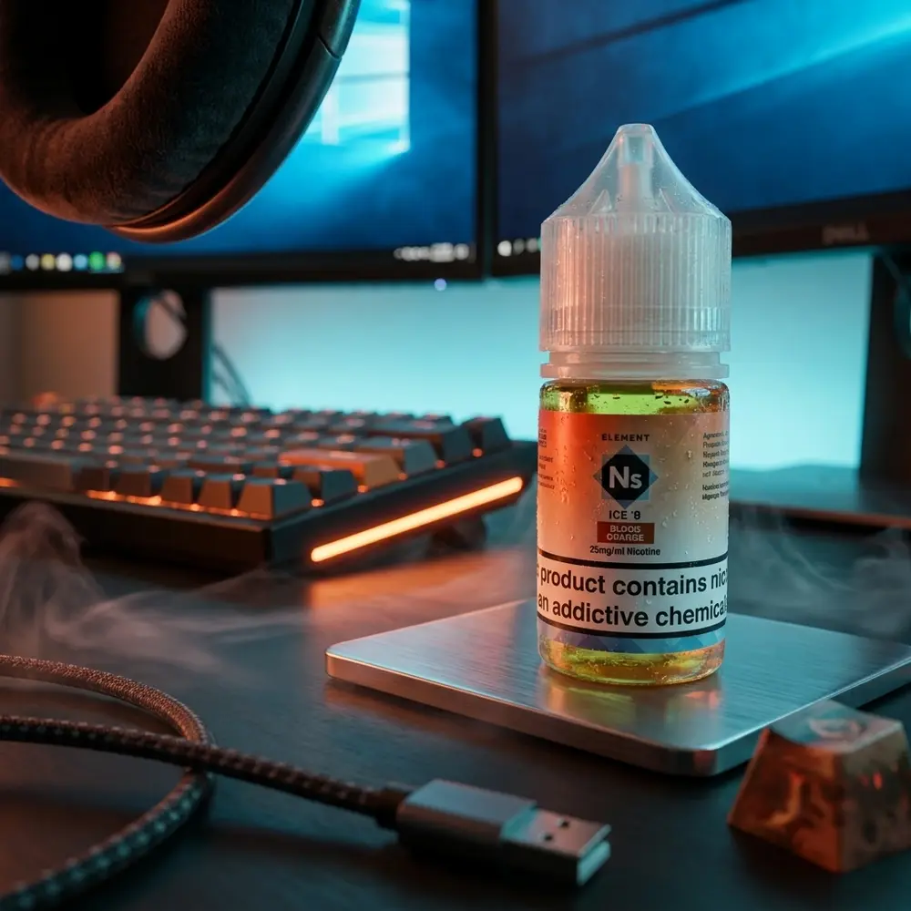 Frasco Líquido Element Salt Blood Orange Ice em mesa gamer RGB com reflexos laranja e azul e vapor sutil - Vapor Gringo