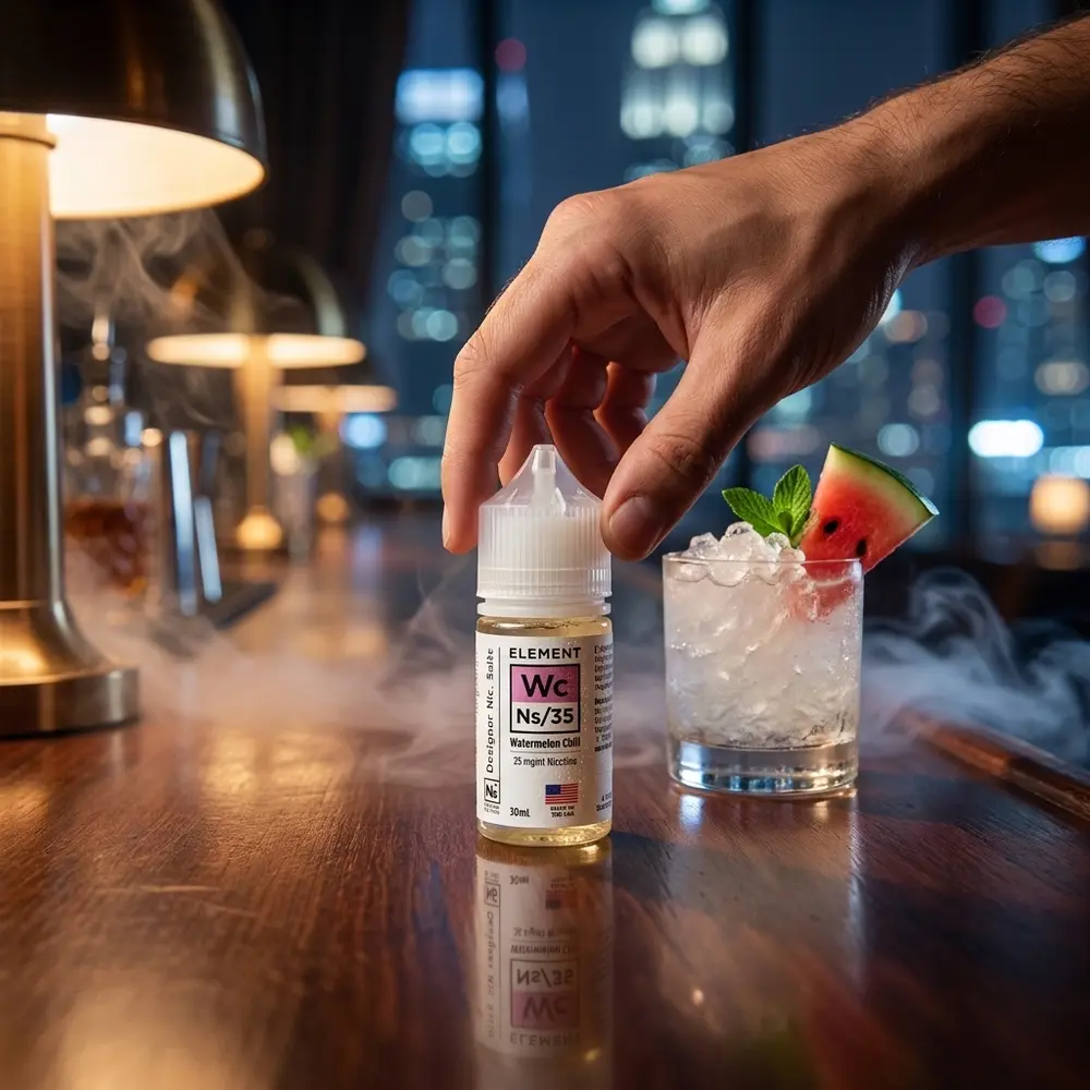 Garrafa do liquido Element Salt Watermelon Chill num balcão de lounge urbano com copo, fatia de melancia e luzes quentes - Vapor Gringo