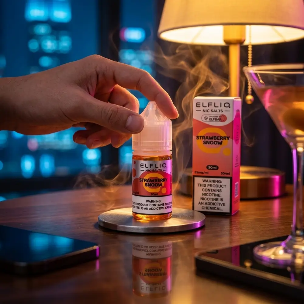 Garrafa Elf Liq Salt Strawberry Snow apoiada em coaster metálico num lounge urbano com luzes quentes - Vapor Gringo
