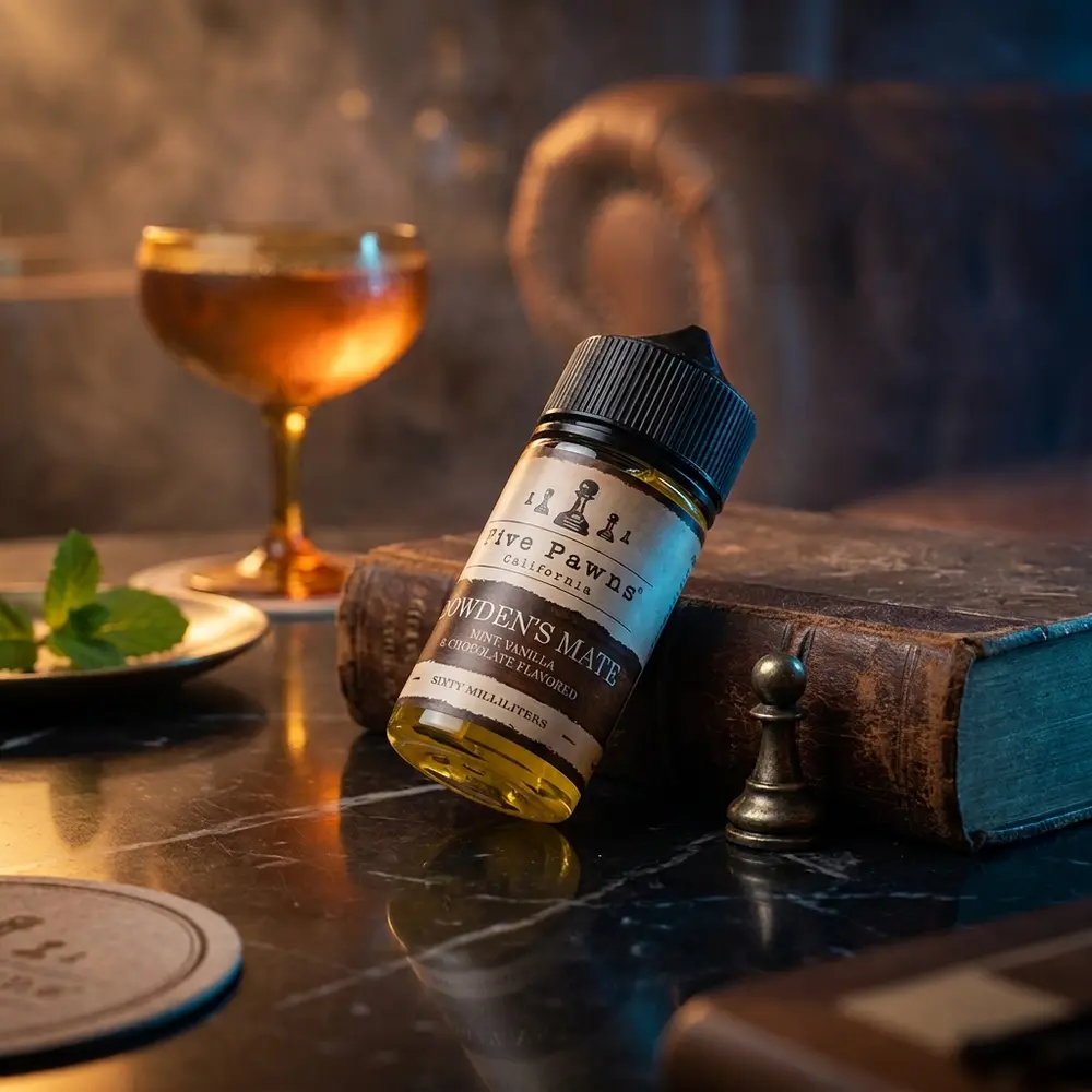 Garrafa Five Pawns Bowden's Mate numa mesa de lounge urbano com coquetel, folha de hortelã e luzes âmbar - Vapor Gringo