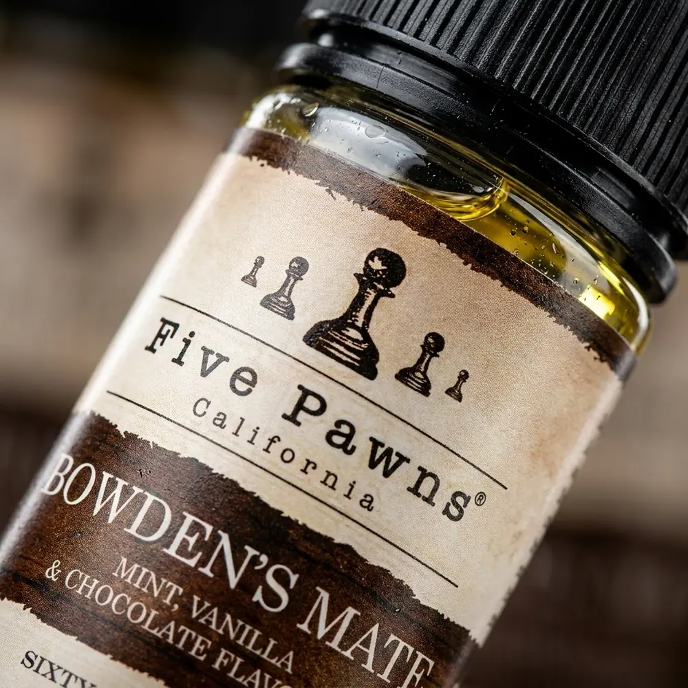 Close-up do rótulo e bico da garrafa Five Pawns Bowden's Mate com gotas de condensação e textura nítida - Vapor Gringo