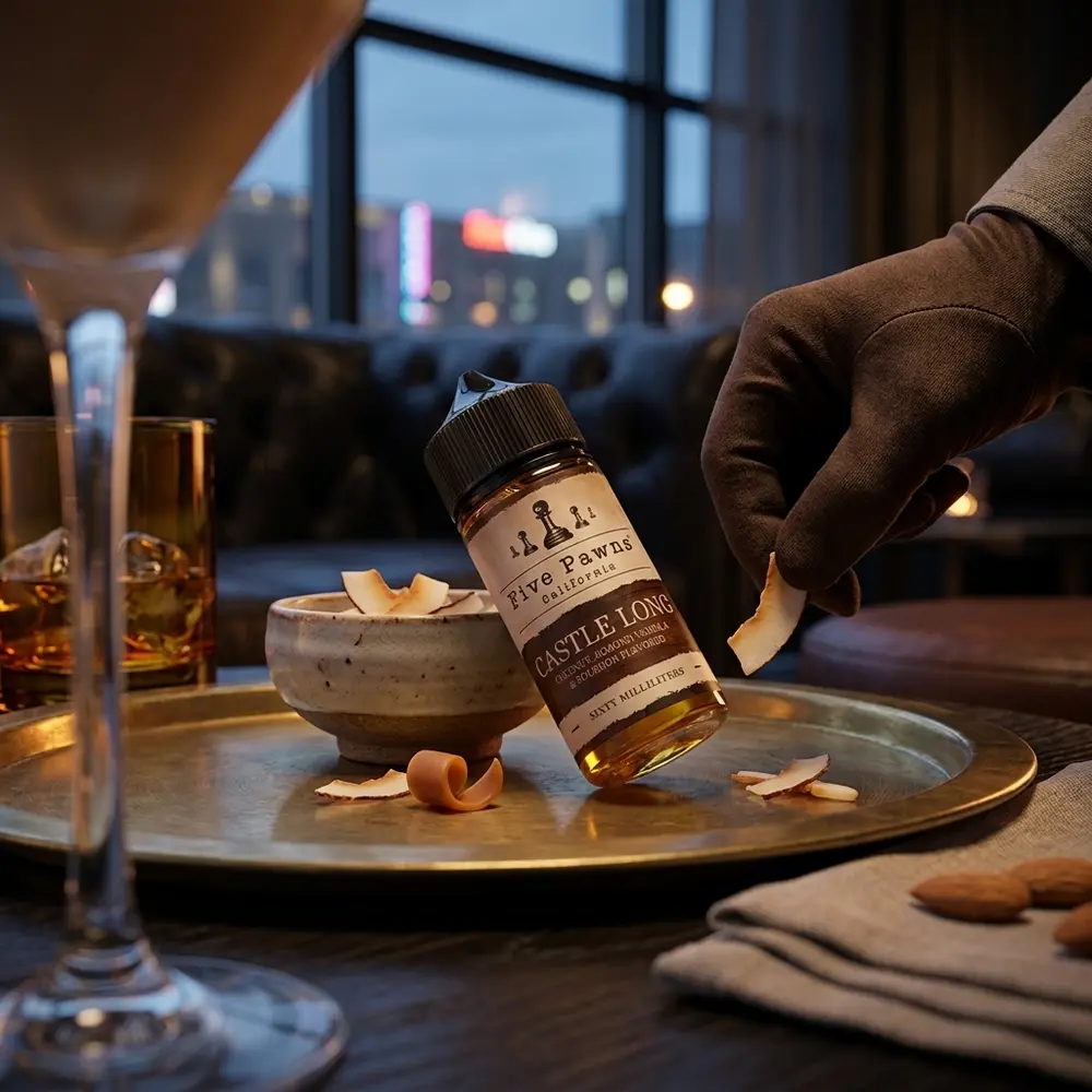 Líquido Five Pawns Castle Long numa bandeja de bronze em lounge luxuoso com copo de bourbon ao fundo - Vapor Gringo