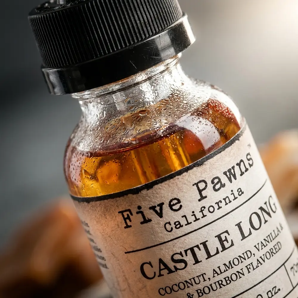 Detalhe macro do rótulo do Líquido Five Pawns Castle Long com condensação, textura do vidro e reflexos - Vapor Gringo