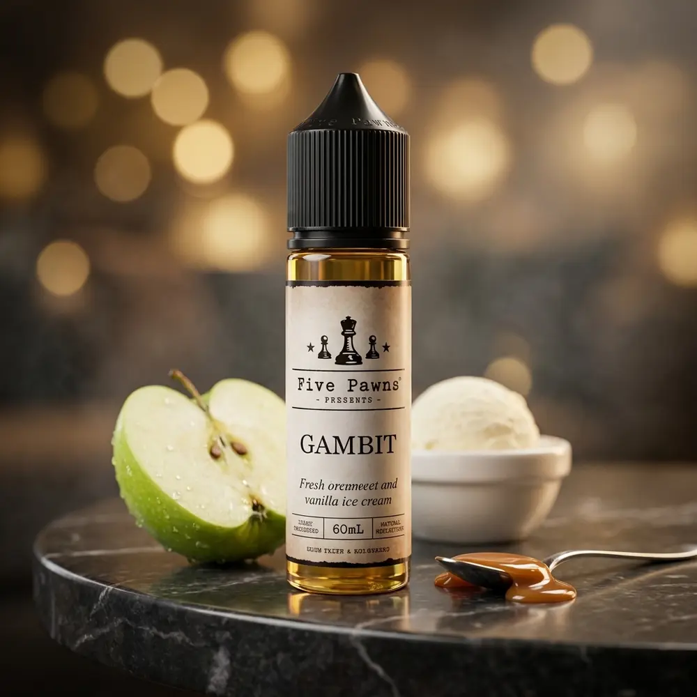 Garrafa Five Pawns Gambit 60ml sobre mesa de mármore em lounge sofisticada, maçã verde e caramelo ao redor. - Vapor Gringo