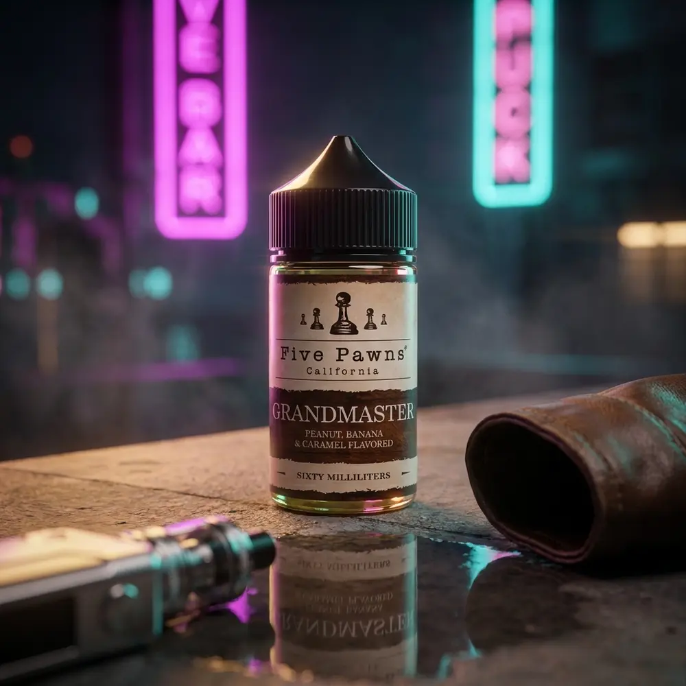 Frasco Five Pawns Grandmaster em mureta urbana com neon ao fundo e leve névoa de vapor - Vapor Gringo