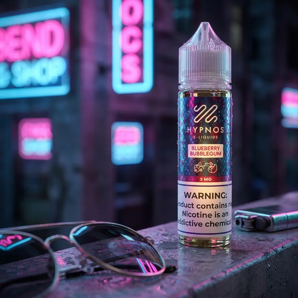 Frasco Líquido Hypnos Blueberry Bubblegum sobre balcão urbano molhado com luzes neon rosa e azul ao fundo - Vapor Gringo