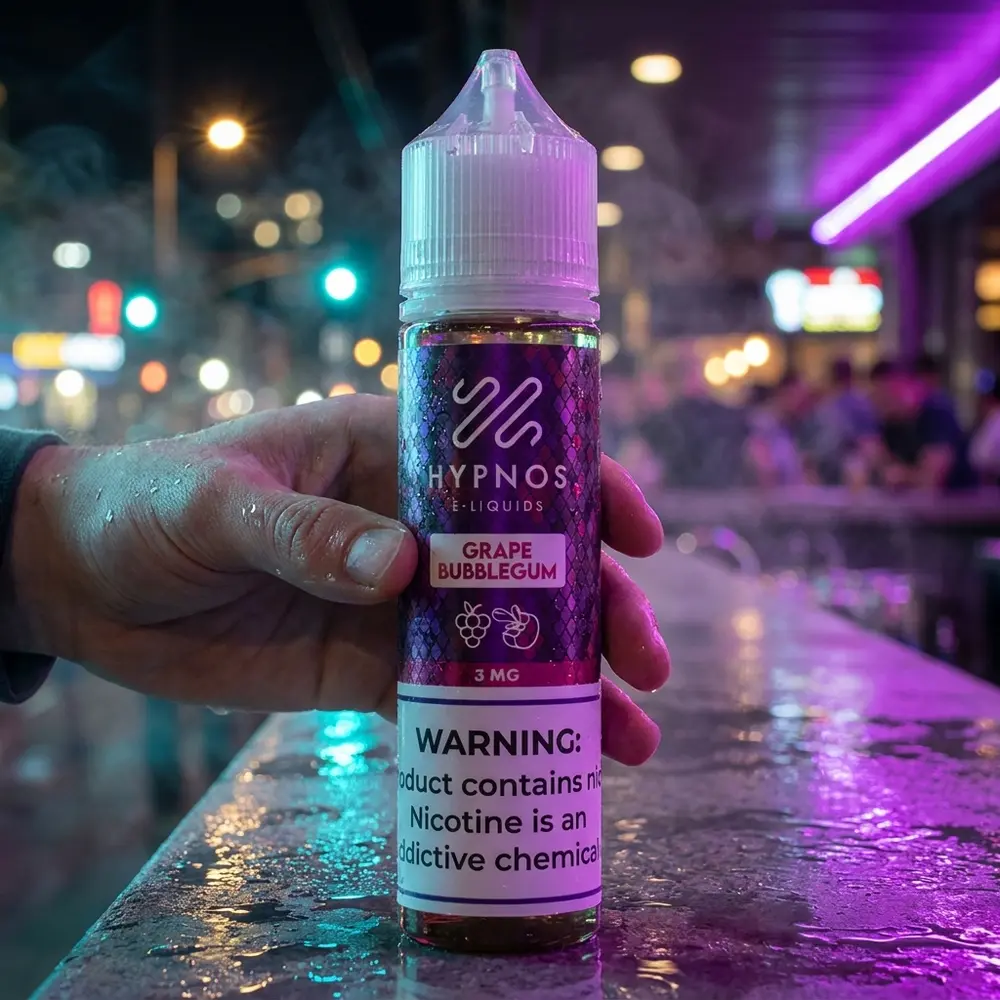 Frasco Hypnos Grape Bubblegum sobre balcão urbano molhado com reflexos de neon roxo e mão alcançando - Vapor Gringo