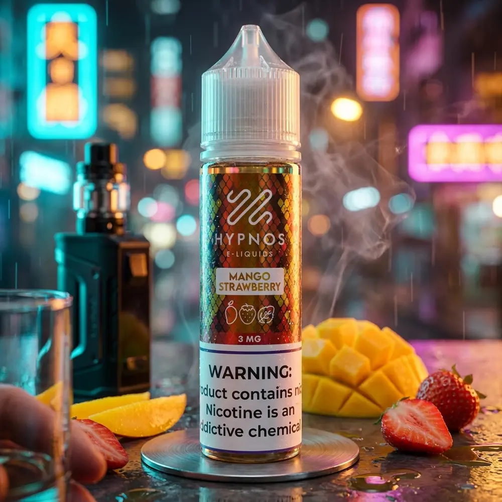 Garrafa Hypnos Mango Strawberry sobre bancada molhada em cena noturna neon, reflexos RGB e frutas ao lado - Vapor Gringo