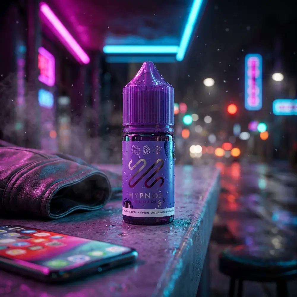 Frasco Hypnos Salt - Berry Mix apoiado em parapeito molhado com fundo urbano de neon roxo e azul desfocado - Vapor Gringo