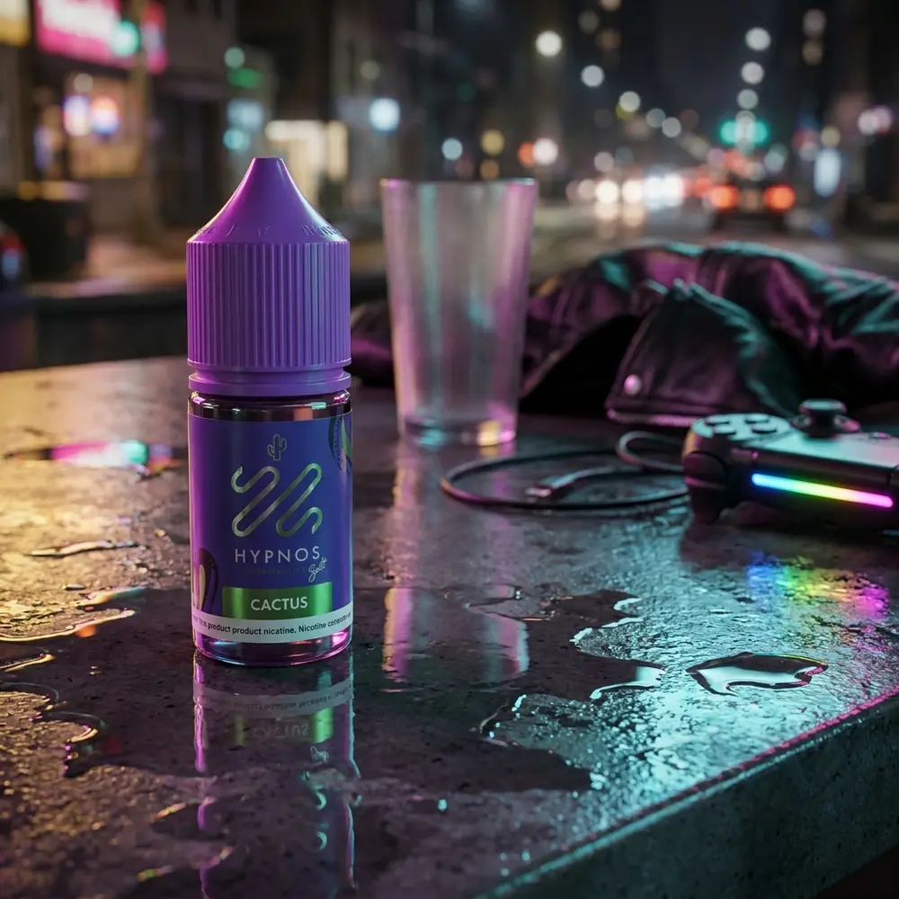 Frasco Líquido Hypnos Salt - Cactus apoiado em balcão molhado sob reflexos de neon urbanos e bokeh de rua - Vapor Gringo