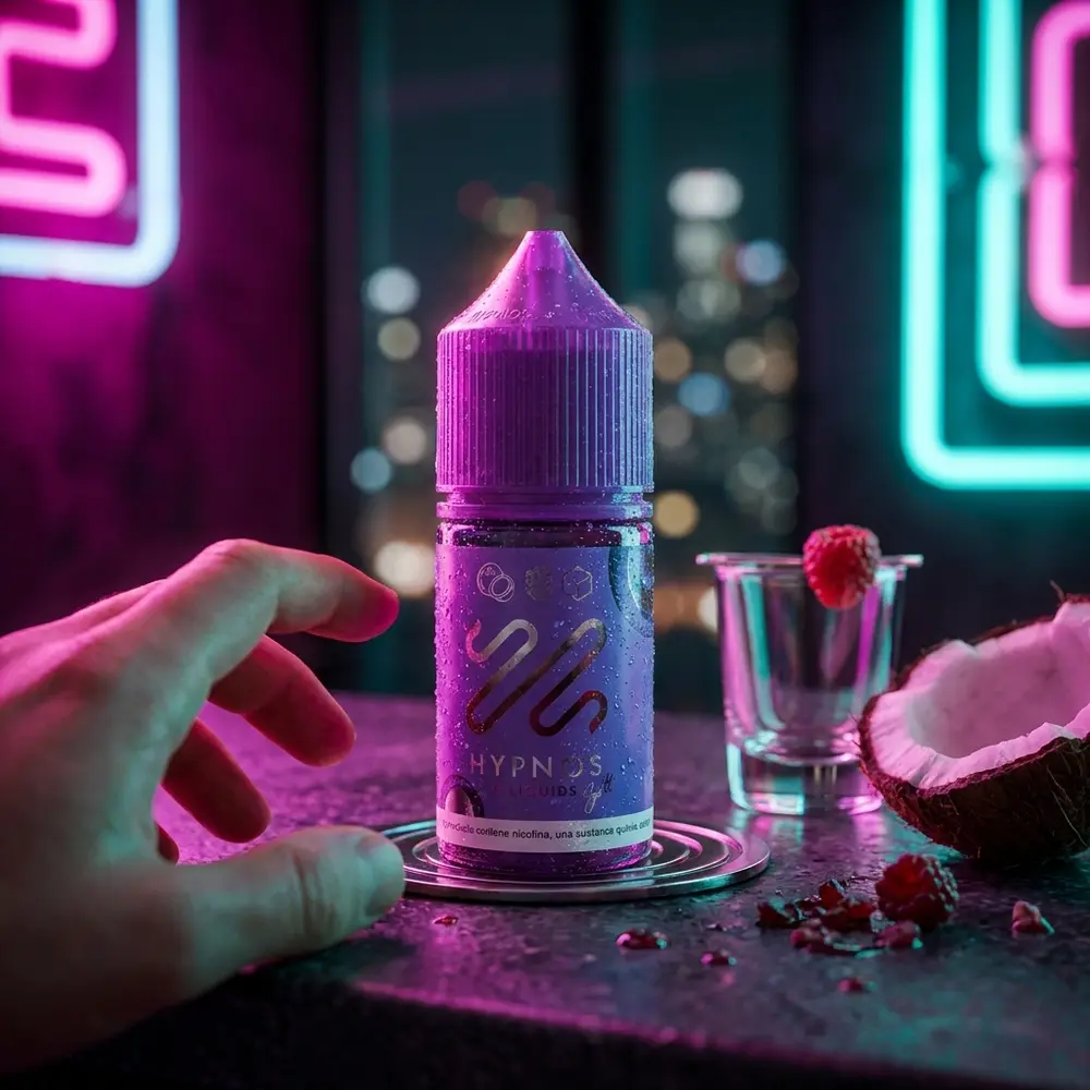 Garrafa Hypnos Salt Coconut Berry num balcão urbano com reflexos neon magenta e teal e frutas vermelhas ao lado - Vapor Gringo