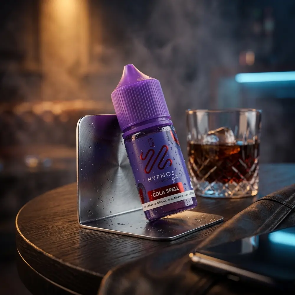 Frasco Hypnos Salt Cola Spell 30ml em mesa de lounge luxuosa com copo de cola e iluminação noturna - Vapor Gringo