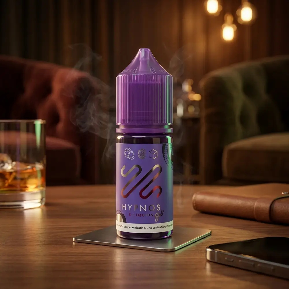 Garrafa Líquido Hypnos Salt Double Apple sobre mesa de lounge em madeira com copo e caderno ao lado - Vapor Gringo